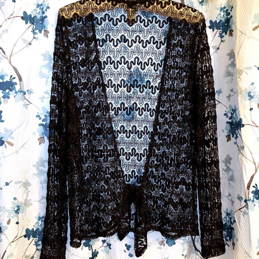 CHICO’S Lace jacket open knit Brown w/gold thread sweater sz 3